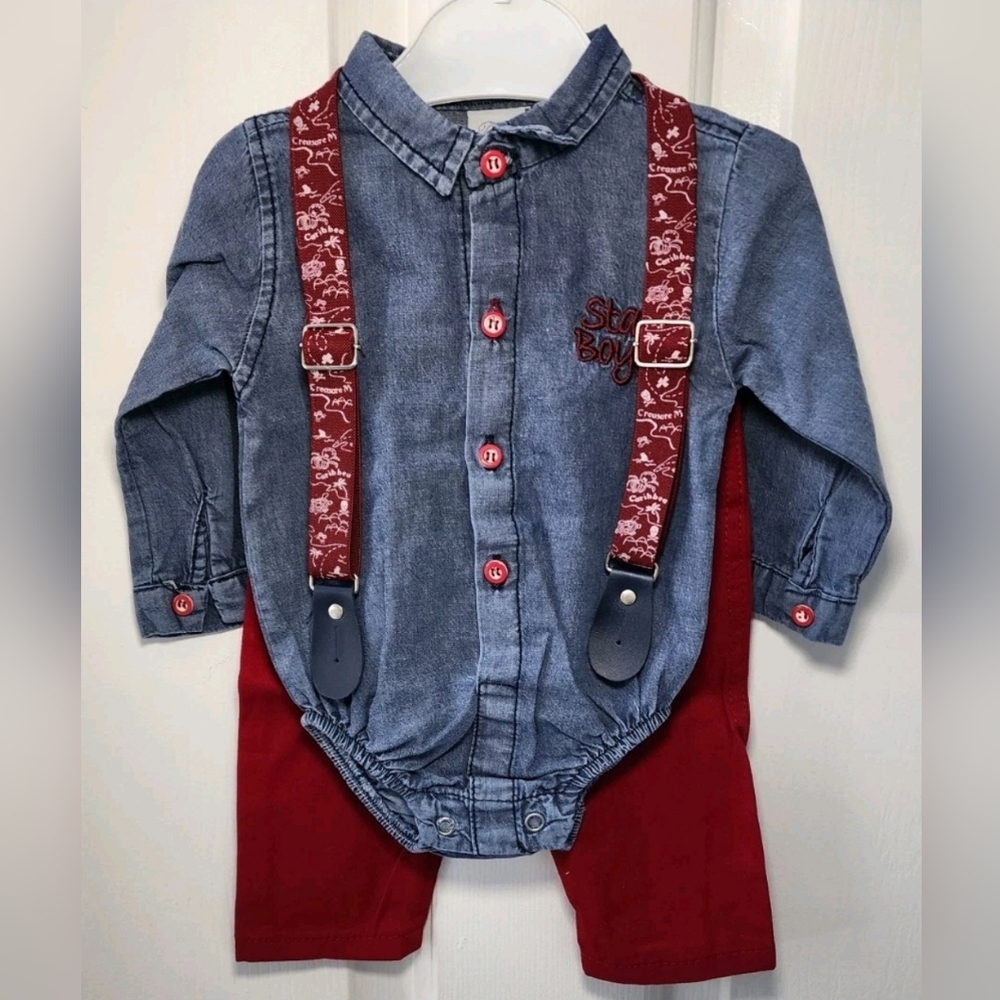 Baby Boys 3pc Set Denim Look Bodysuit/Pants w/Suspenders 6 & 12 Months